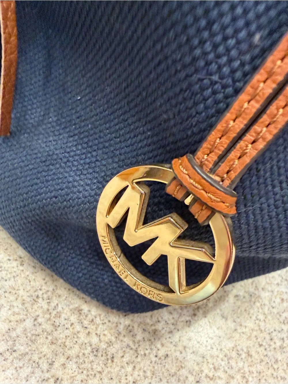 Michael Kors Navy Canvas Bucket Crossbody with Brown Leather Trim